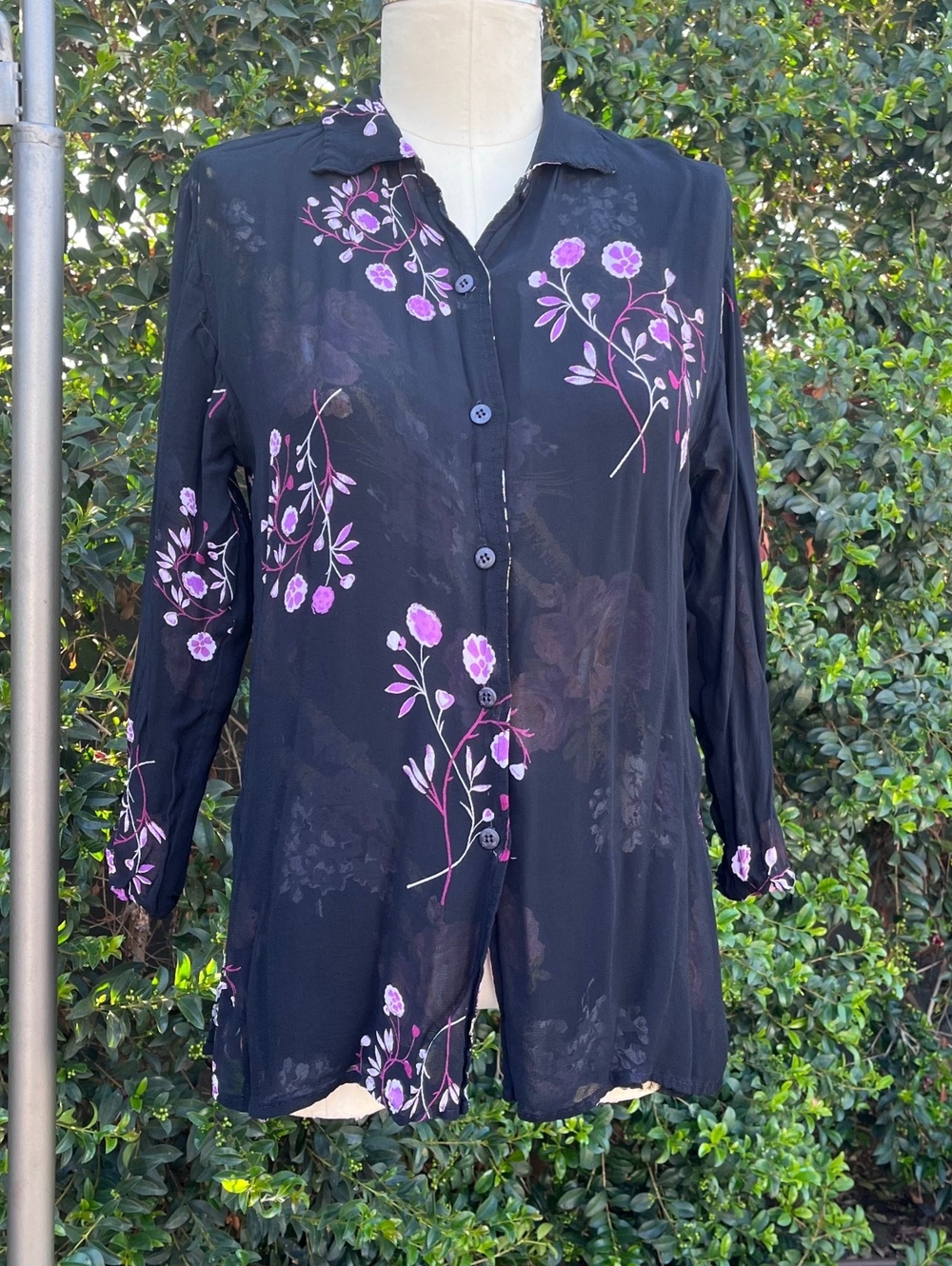 Vintage Reversible Floral Button Down Shirt Black Purple Pink